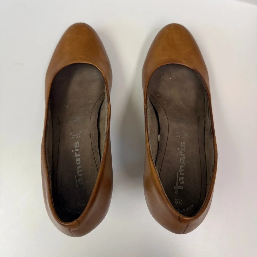 Tamaris Womens Cognac Brown Leather Round Toe Pumps Size 39 Heels Anti-Shock